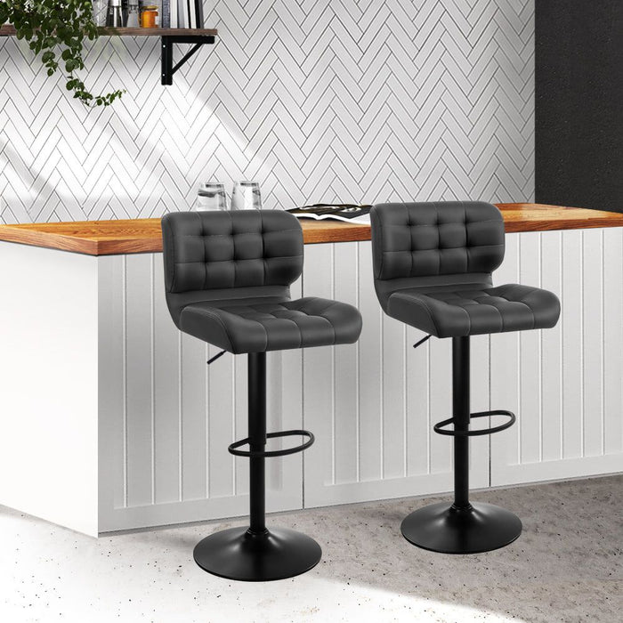 Two Bar Stools Gas Lift Leather Padded Grey -Home Living Store - -  