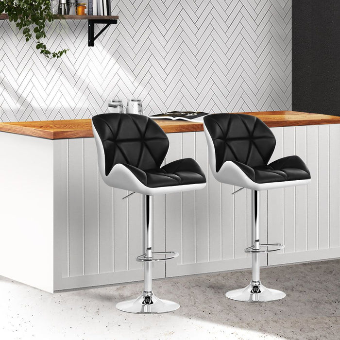 Two Bar Stools Gas Lift Padded Leather Black & White -Home Living Store - -  