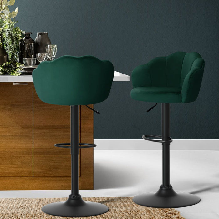 Two Bar Stools Gas Lift Velvet Green -Home Living Store - -  