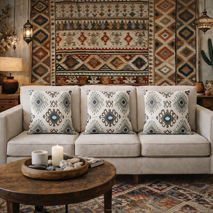 Urban Style Aztec Pattern Cushion | Beige & Blue, 45x45cm