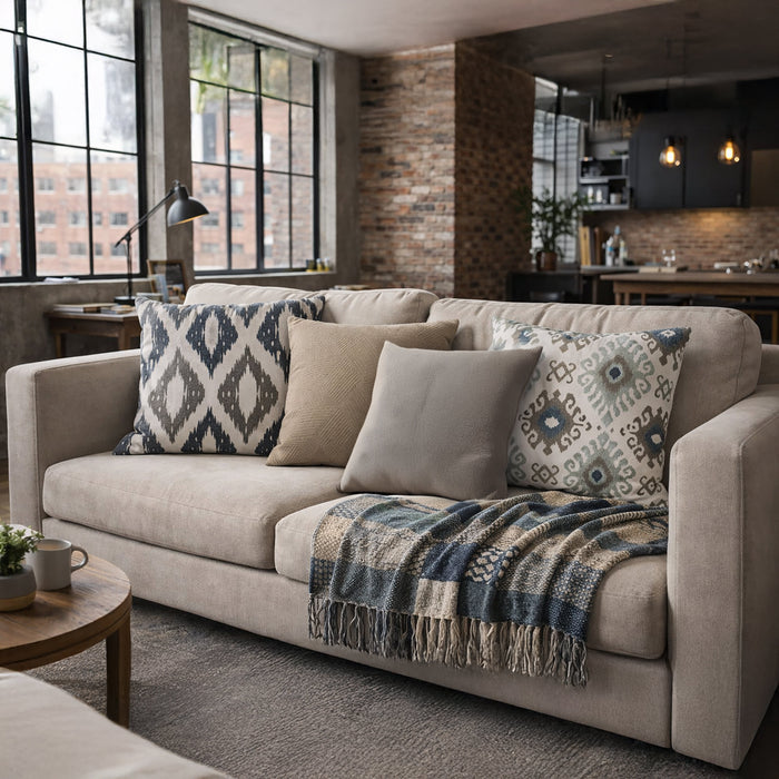 Urban Style Aztec Pattern Cushion | Beige & Blue, 45x45cm