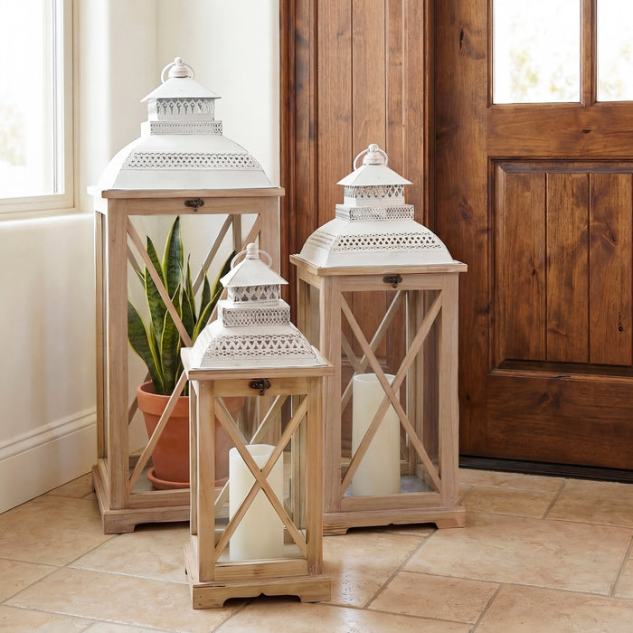 Urban Style Natural Wooden Lantern Set – 3 Piece Decorative Lanterns for Indoor & Alfresco Styling