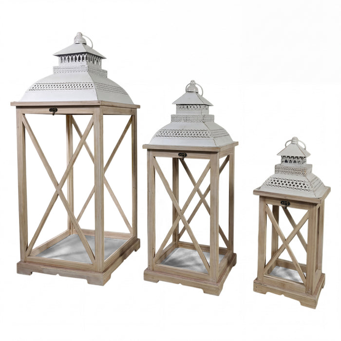 Urban Style Natural Wooden Lantern Set – 3 Piece Decorative Lanterns for Indoor & Alfresco Styling