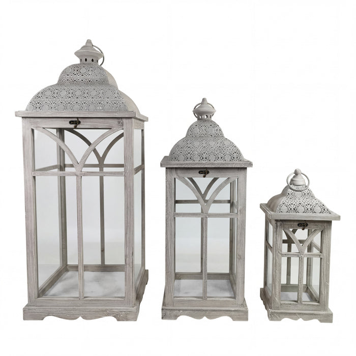 Urban Style Whitewash Wooden Lantern Set – 3 Piece Decorative Lanterns for Indoor & Alfresco Styling