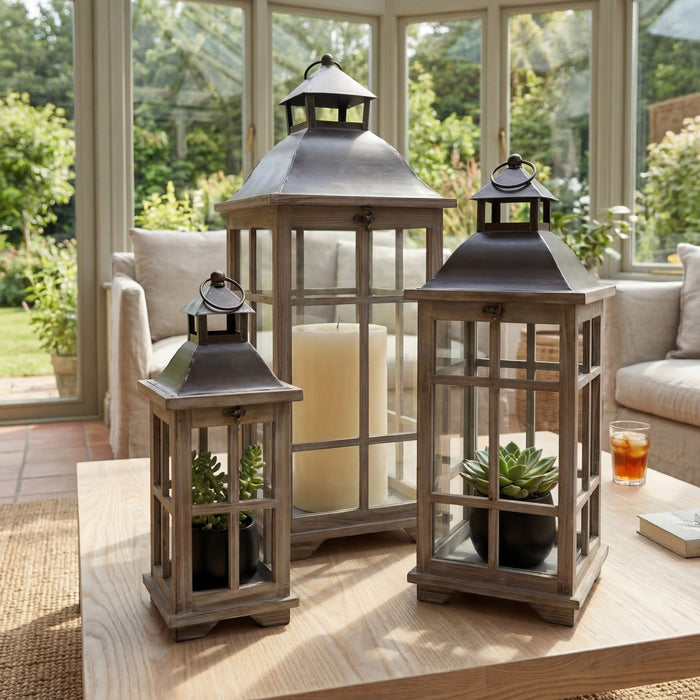 Urban Style Ash Wooden Lantern Set – 3 Piece Decorative Lanterns for Indoor & Alfresco Styling