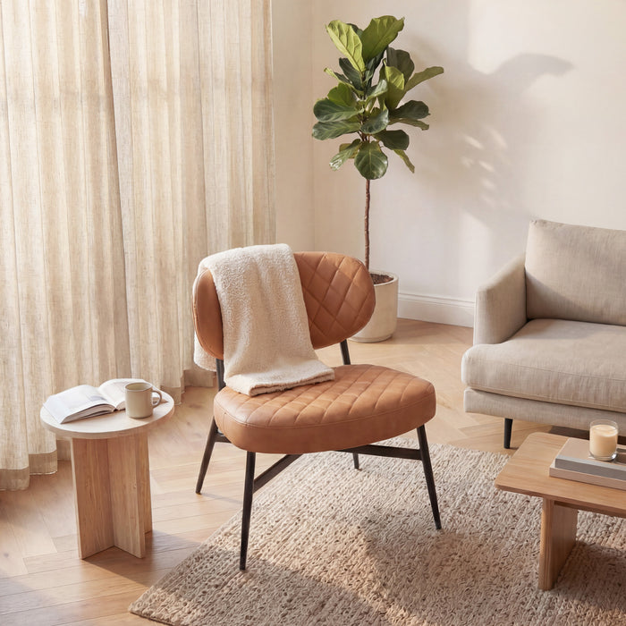 Boudoir Accent Chair — TAN PU, Compact & Stylish for Bedroom or Living Room