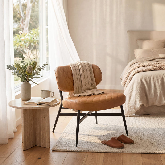 Boudoir Accent Chair — TAN PU, Compact & Stylish for Bedroom or Living Room