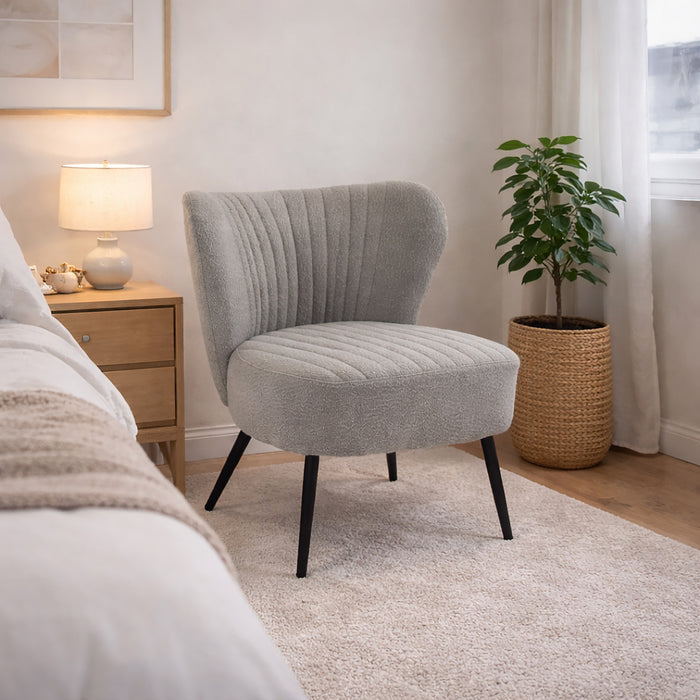 Boudoir Accent Chair — Soft Grey Boucle, Compact & Stylish for Bedroom or Living Room