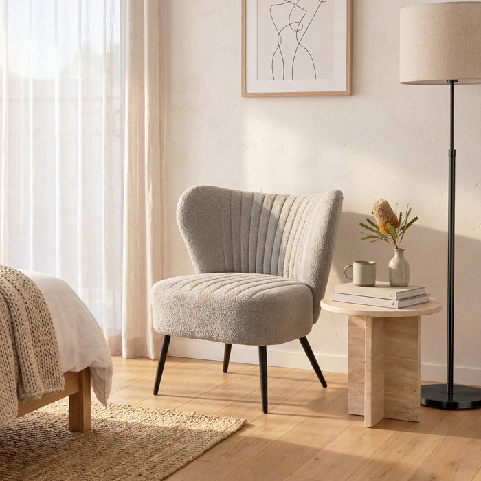 Boudoir Accent Chair — Soft Grey Boucle, Compact & Stylish for Bedroom or Living Room