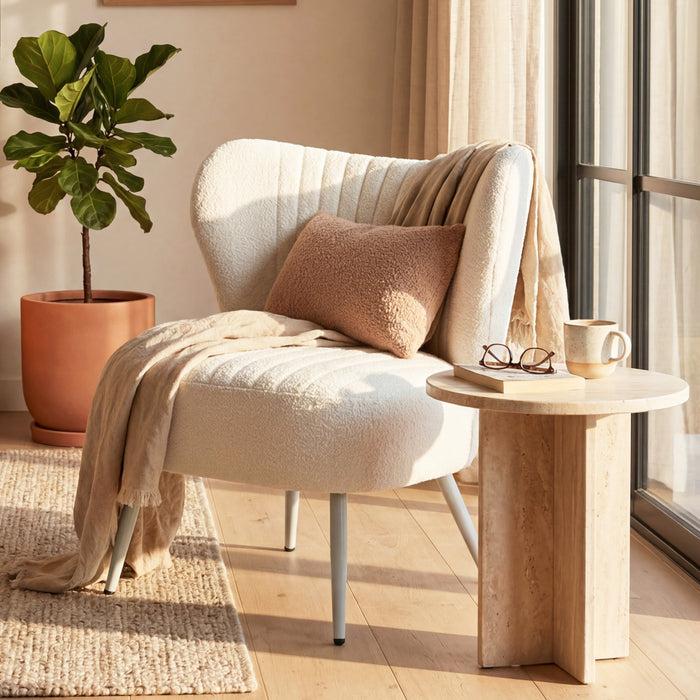 Boudoir Accent Chair — Soft White Boucle, Compact & Stylish for Bedroom or Living Room
