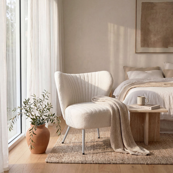 Boudoir Accent Chair — Soft White Boucle, Compact & Stylish for Bedroom or Living Room