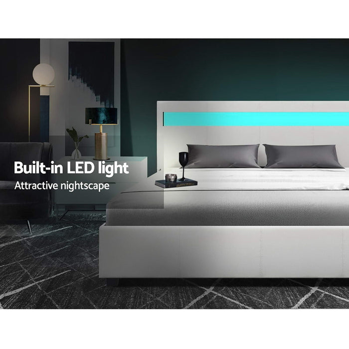 Artiss Bed Frame Double Size Gas Lift RGB LED White Cole Home Living Store