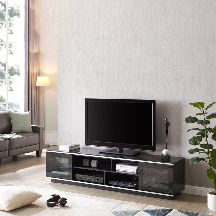 Tauris Diablo 180cm, Entertainment Unit, Tempered Glass, Black TV Cabinet in living room with TV and components in unit