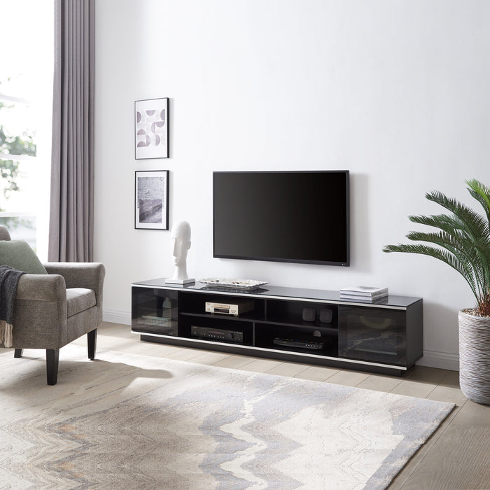 Tauris Diablo 210cm, Entertainment Unit, Tempered Glass, Black TV Cabinet in living room with TV and components in unit