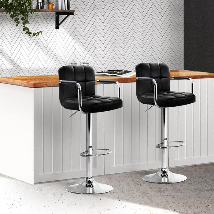 Two Bar Stools Leather Gas Lift w/Armrest Black-Home Living Store-Furniture > Chairs > Table & Bar Stools 