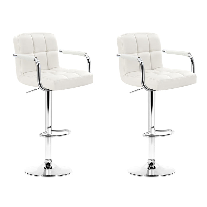 Two Bar Stools Leather Gas Lift w/Armrest White-Home Living Store- 