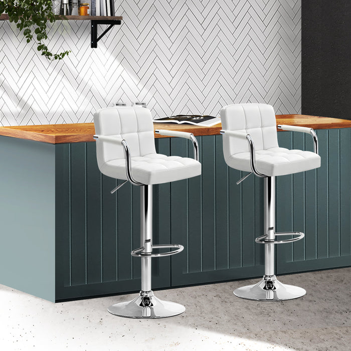 Two Bar Stools Leather Gas Lift w/Armrest White-Home Living Store-Furniture > Chairs > Table & Bar Stools 