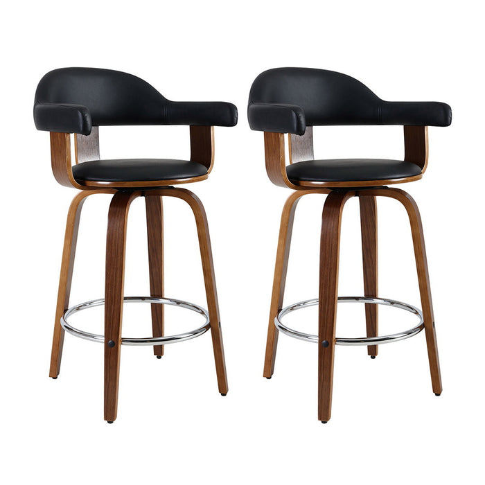 Two Bar Stools Leather Seat Wooden Legs-Home Living Store- 