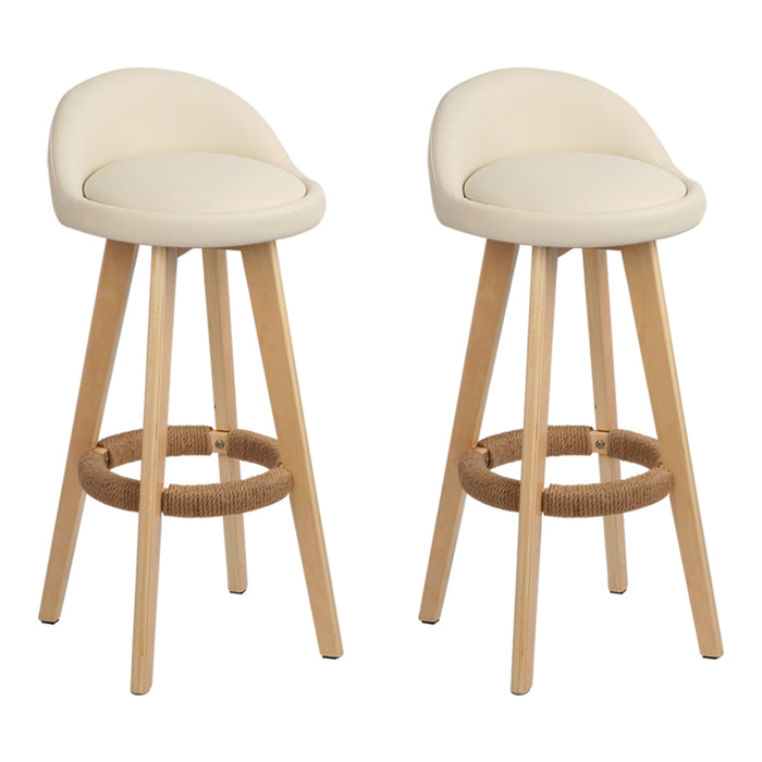 Two Bar Stools Padded Leather Wooden Beige-Home Living Store- 