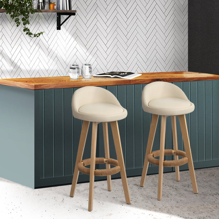 Two Bar Stools Padded Leather Wooden Beige-Home Living Store-Furniture > Chairs > Table & Bar Stools 