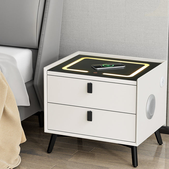 AIKA Smart Bedside Table 2 Drawers with Wireless Charging Ports LED White