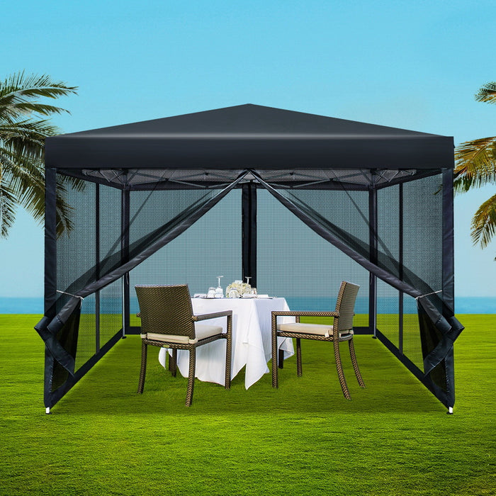 Instahut Gazebo Pop Up Marquee 3x3m Wedding Party Outdoor Camping Tent Canopy Shade Mesh Wall Black