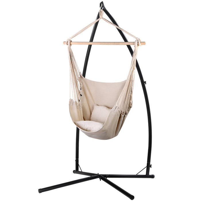 Gardeon Hammock Chair Outdoor Camping Hanging with Steel Stand Cream