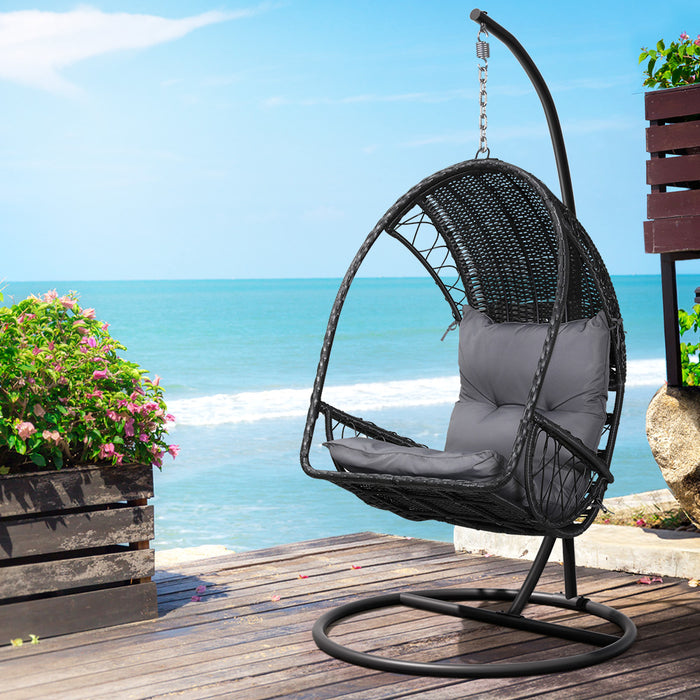 Gardeon Outdoor Egg Swing Chair with Stand Cushion Wicker Armrest Black