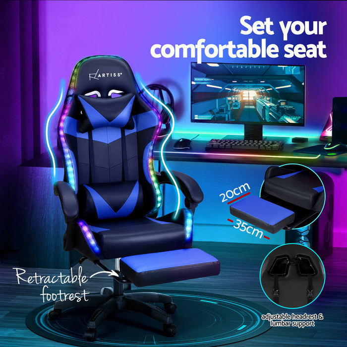 Artiss Six Point Massage Gaming Office Chair 7 LED Footrest Blue