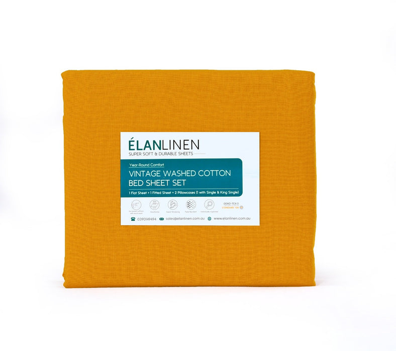 Elan Linen 100% Egyptian Cotton Vintage Washed 500TC Mustard 50 cm Deep Mega King Bed Sheets Set
