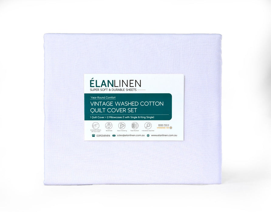 Elan Linen 100% Egyptian Cotton Vintage Washed 500TC White 50cm Deep Mega Queen Bed Sheets Set