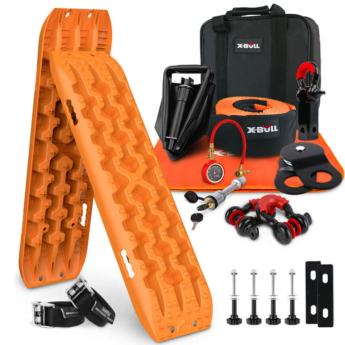 X-BULL Winch Recovery Kit with 2PCS Recovery Tracks Boards Gen 3.0 /Mounting Pins/ Snatch Strap Off Road 4WD Orange