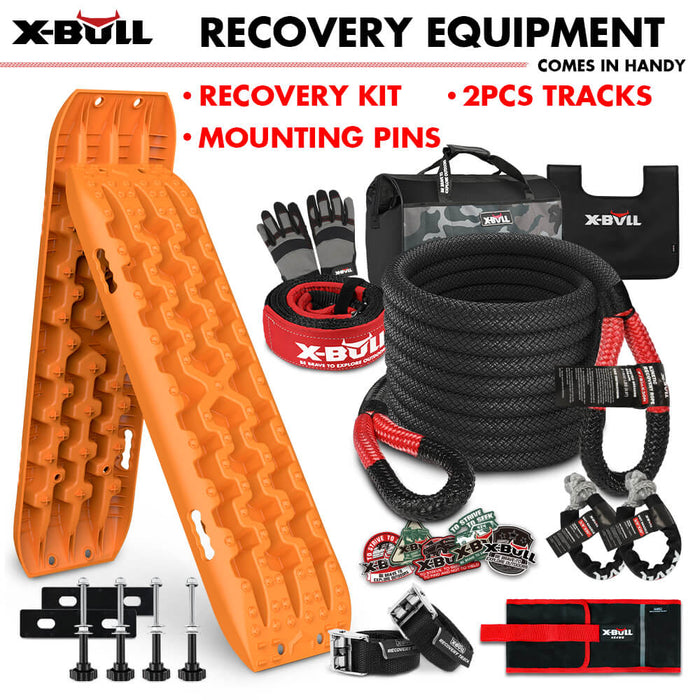 X-BULL 4X4 Recovery Kit Kinetic Recovery Rope Snatch Strap / 2PCS Recovery Tracks 4WD Mounting Pins Gen3.0 Orange