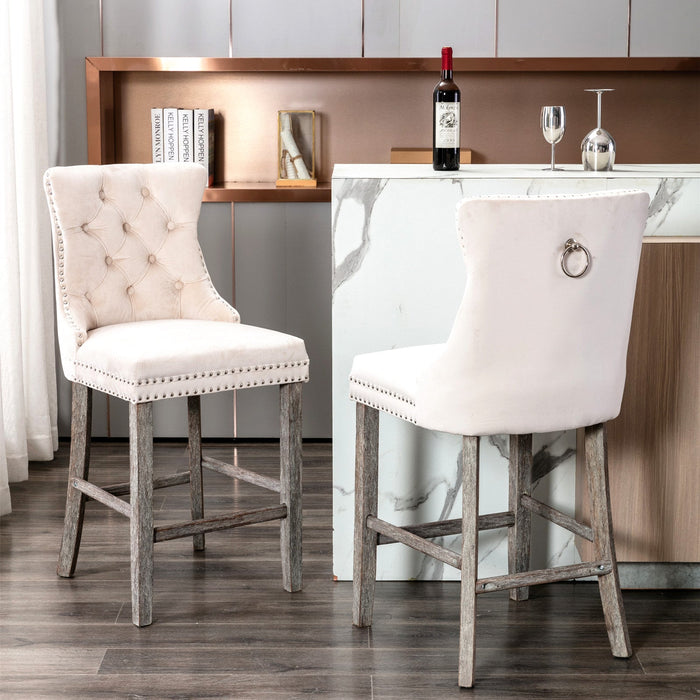 Two Velvet Bar Stools with Studs Trim Wooden Legs Tufted Dining Chairs Kitchen-Home Living Store-Furniture > Chairs > Table & Bar Stools 