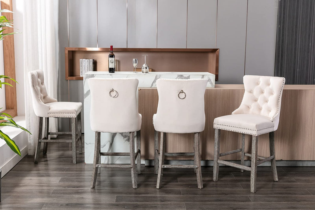 Two Velvet Bar Stools with Studs Trim Wooden Legs Tufted Dining Chairs Kitchen-Home Living Store- 