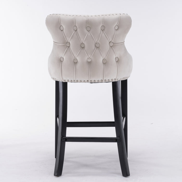 Two Velvet Upholstered Button Tufted Bar Stools with Wood Legs and Studs-Beige-Home Living Store- 