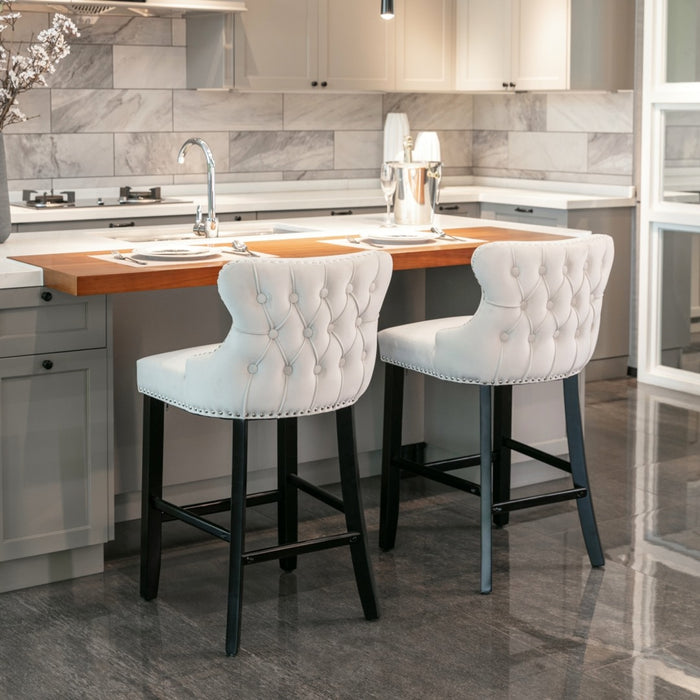 Two Velvet Upholstered Button Tufted Bar Stools with Wood Legs and Studs-Beige-Home Living Store- 