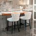 Two Velvet Upholstered Button Tufted Bar Stools with Wood Legs and Studs-Beige-Home Living Store- 