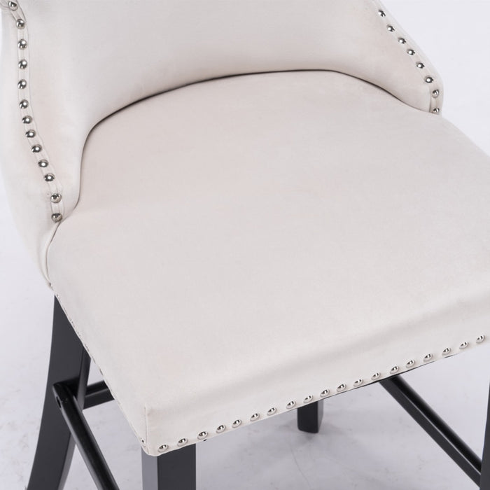 Two Velvet Upholstered Button Tufted Bar Stools with Wood Legs and Studs-Beige-Home Living Store- 