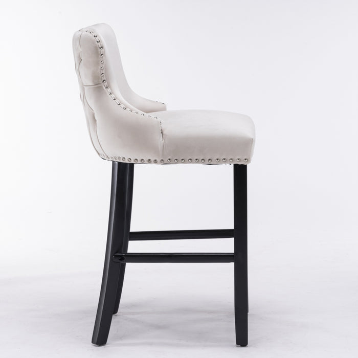 Two Velvet Upholstered Button Tufted Bar Stools with Wood Legs and Studs-Beige-Home Living Store- 