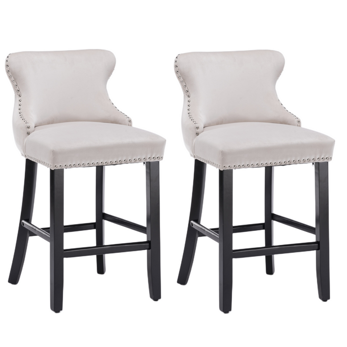 Two Velvet Upholstered Button Tufted Bar Stools with Wood Legs and Studs-Beige-Home Living Store- 
