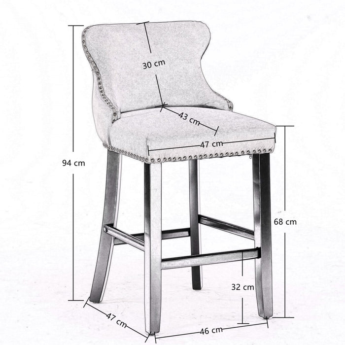 Two Velvet Upholstered Button Tufted Bar Stools with Wood Legs and Studs-Beige-Home Living Store- 