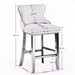 Two Velvet Upholstered Button Tufted Bar Stools with Wood Legs and Studs-Beige-Home Living Store- 