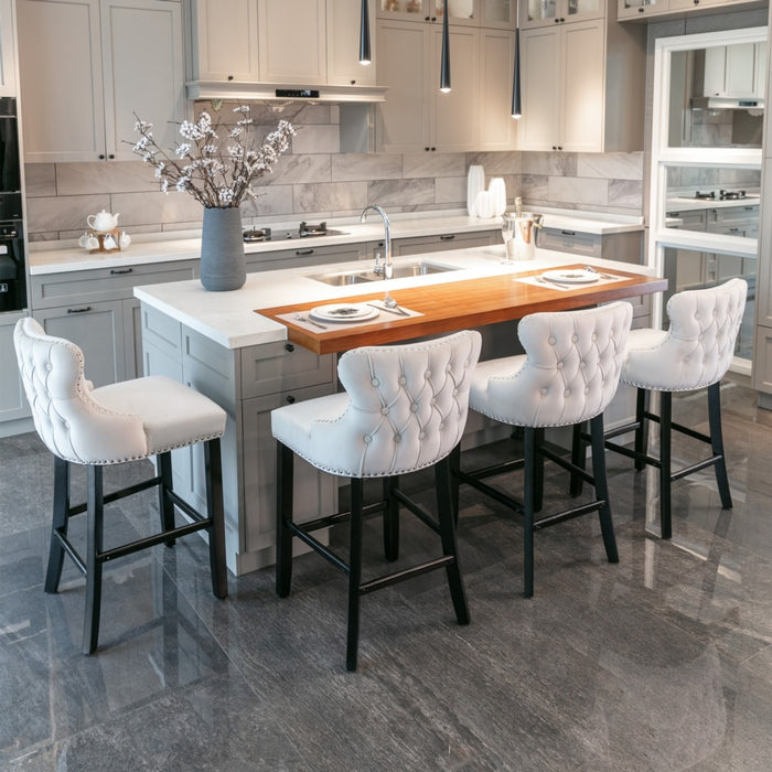 Two Velvet Upholstered Button Tufted Bar Stools with Wood Legs and Studs-Beige-Home Living Store-Furniture > Chairs > Table & Bar Stools 