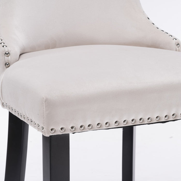 Two Velvet Upholstered Button Tufted Bar Stools with Wood Legs and Studs-Beige-Home Living Store- 