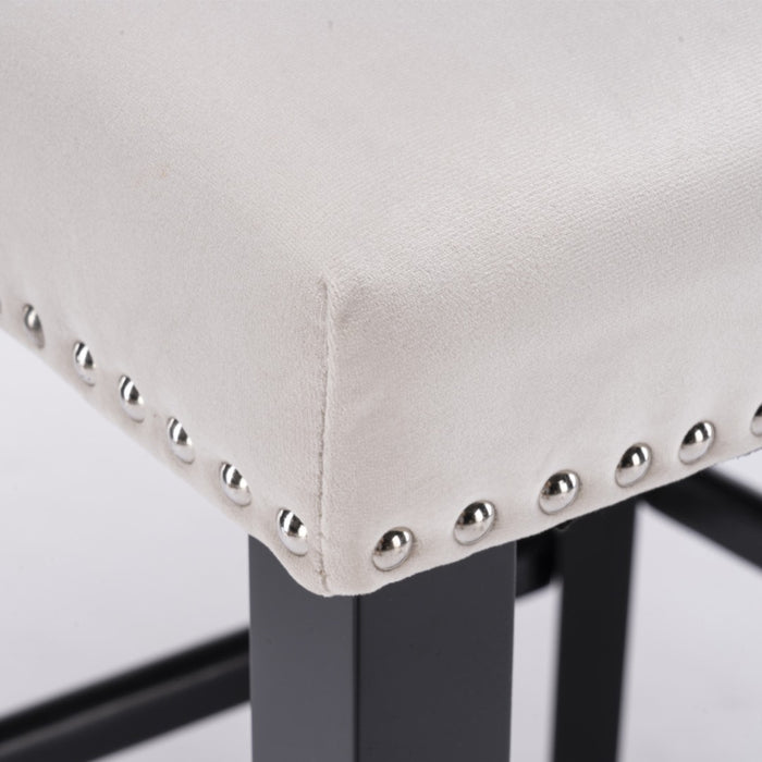 Two Velvet Upholstered Button Tufted Bar Stools with Wood Legs and Studs-Beige-Home Living Store- 