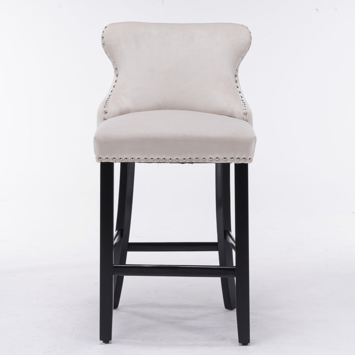 Two Velvet Upholstered Button Tufted Bar Stools with Wood Legs and Studs-Beige-Home Living Store- 