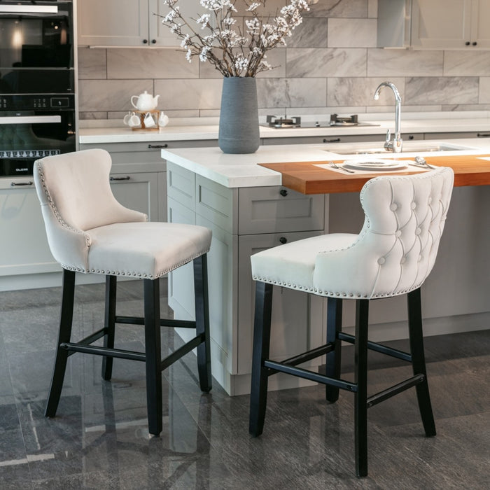 Two Velvet Upholstered Button Tufted Bar Stools with Wood Legs and Studs-Beige-Home Living Store- 