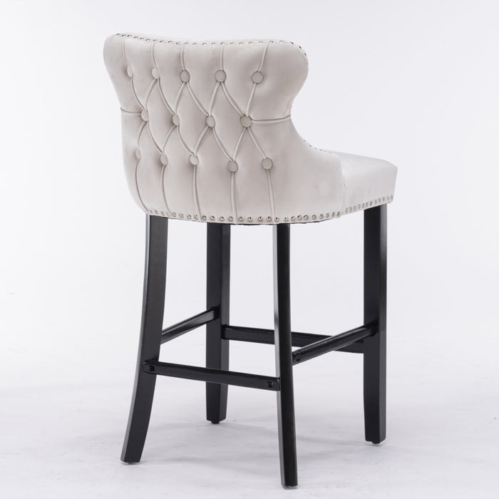 Two Velvet Upholstered Button Tufted Bar Stools with Wood Legs and Studs-Beige-Home Living Store- 