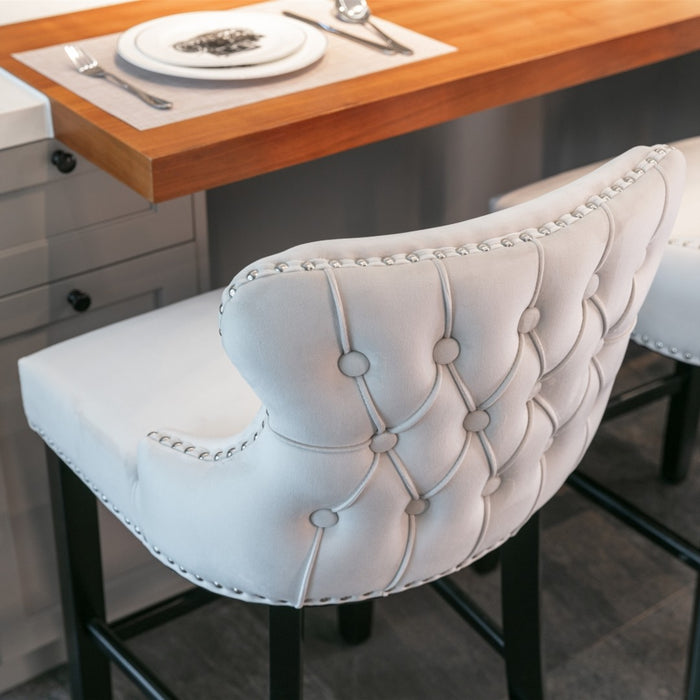 Two Velvet Upholstered Button Tufted Bar Stools with Wood Legs and Studs-Beige-Home Living Store- 